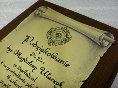 dyplom, dyplomy nr 159 Dyplom grawerowany na laminacie metalizowanym w formie zwoju na desce dbowej